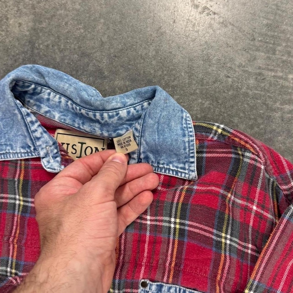 Vintage Woman's Plaid Flannel Button Up Collared Shirt Red Cotton Denim Accent S - Picture 4 of 8